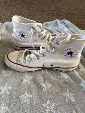 Converse White High Top Sneakers with Red and Blue Trim